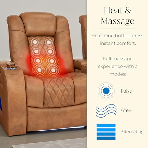 Image of Seatcraft Virtuoso LT Tawny Italian Leather Home Theater Seating, Zero Gravity Power Recliner, Powered Headrest and Lumbar Gaming and Home Office Chair, Heat and Massage Lounge Sofa, Row of 4