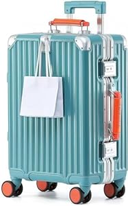 Aoliwei Aluminium-Rahmen Reisekoffer L (70cm) – Premium Hartschalen-Trolley für 7-10 Tage Reisen, Blau mit orangem Echtleder-Griff, TSA-Schloss & & 360° Silent-Doppelrollen, Blau