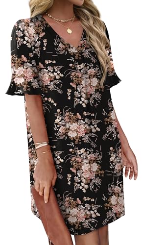 Image of OFEEFAN Summer Dresses for Women Ruffle Short Sleeve V Neck Casual Shift Dress with Pockets