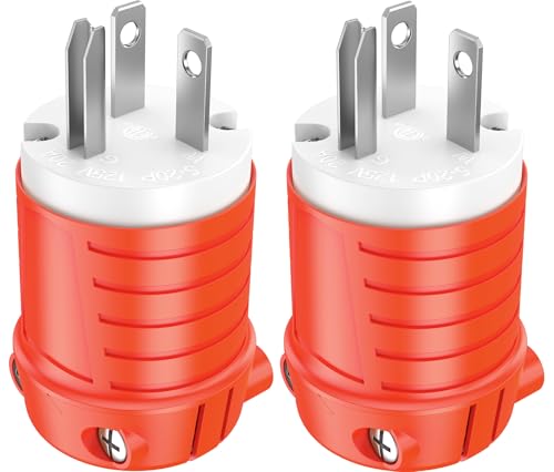 20 Amp 110V Male Plug End 120 Volt Cord Cap NEMA 5-20P 3-Prong Straight Blade Repair Plug for 10AWG Extension Cord End Replacement ETL Listed Orange-Tinted Red 2-Pack
