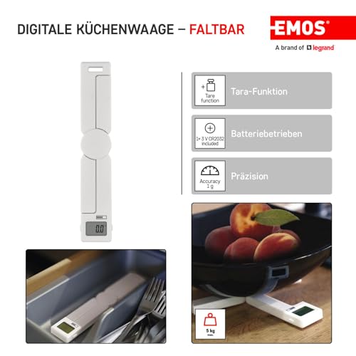 EMOS - Opvouwbare digitale keukenweegschaal - compact - 5 kg maximaal gewicht, precisie tot 1 g - Tarra-functie, automatische uitschakeling, wandhouder - in g, oz, lb: oz, ml, fl: oz instelbaar - wit - Afbeelding 2