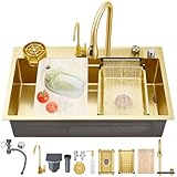 Gold Stainless Steel Kitchen Sink 85 x 45 cm - Modern Single Bowl with Pull-out Spray Faucet Multifunctional Cup Washer & Accessory Set for Stylish Waterfall Design
