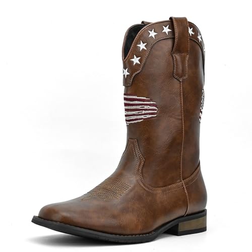 Cowboy Boots for Men Western Boots Square Toe Chunky Heel Mid-Calf Boots Classic Embroidered with Pull on Tabs