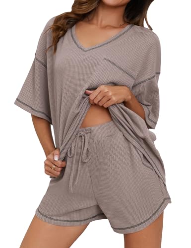 Image of Womens Pajama Sets Waffle Knit 2 Piece Short Lounge Set Cute Sleep Loungewear Pjs Set Short Sleeve Top and Shorts