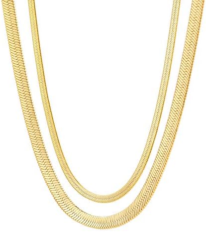 Fiusem Gold Herringbone Necklace for Women, 14K Gold Plated Flat Snake Chain Necklace for Women, Gold Choker Necklace for Women, Width 5mm Length 14 In & Width 3mm Length 12.5 In