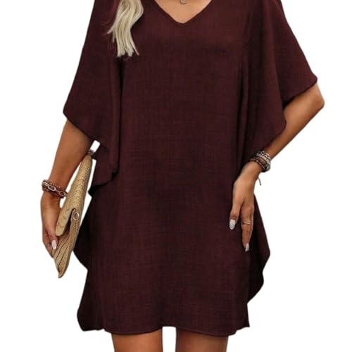 YMXLWHBD Vestido Holgado hasta La Rodilla con Cuello En V, Elegante Y Volantes para Mujer-Rojo Intenso-XL