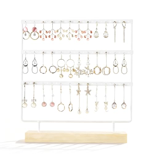 TFLPUO 60 Löcher Ohrringständer 3 Tier Schmuckständer Ohrringständer Weiß Ohrringhalter Holz Ohrring Aufbewahrung Ständer Schmuck Organizer für Hängende Ohrringe