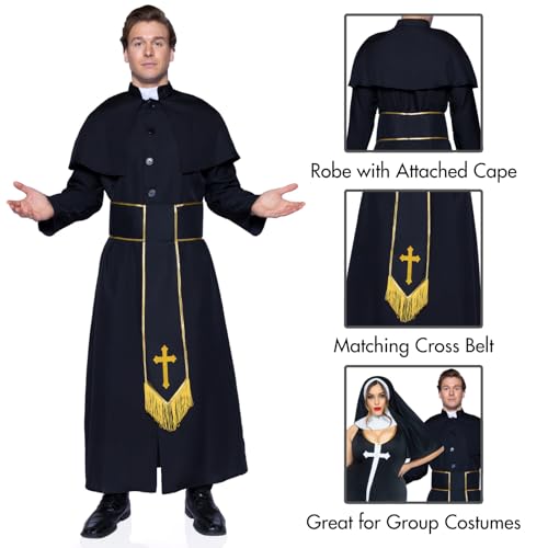 Leg Avenue Mens 2 Pc Priest Costume with Robe, Belt, MED/LGE, Black - Thumbnail 4