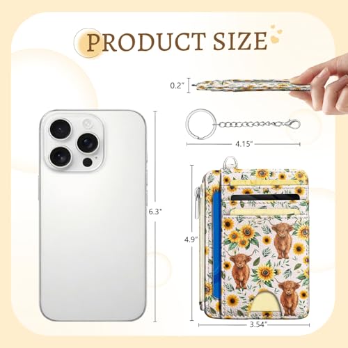 Image of Kelvoris Highland Cow Credit Card Holder Small Wallet Women, Cute Slim RFID | Keychain, Zipper Coin Pocket, Front Pocket Thin Travel Card Case, Minimalist, 6 Card Slots, 1 ID Window, Ladies Gifts Woman