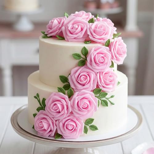 Image of 100Pcs Real Looking Pink Artificial Rose Flower Heads, Foam Fake Roses for DIY Wedding Decorations Baby Shower Centerpieces Home Party Floral Arrangements Valentine's Day Mother's Day Decor