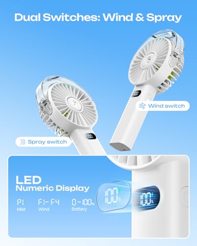 Otlonpe Handheld Misting Fan Portable, 4000mAh Rechargeable Battery Powered, Small Personal Mister Fan with Water Spray Cooling, 4-Speed Wind, LED Display, Hand Held Mist Fans (White)