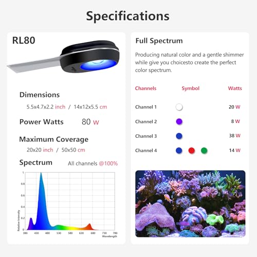 Image of PopBloom RL80 WiFi Reef LED Light, 80W Full Spectrum Marine Reef LED Aquarium Lighting for Soft /LPS Corals & Saltwater Fish Tanks, Built-in Timer, WiFi Phone Programmable, Sunrise Sunset (RL80 WiFi)