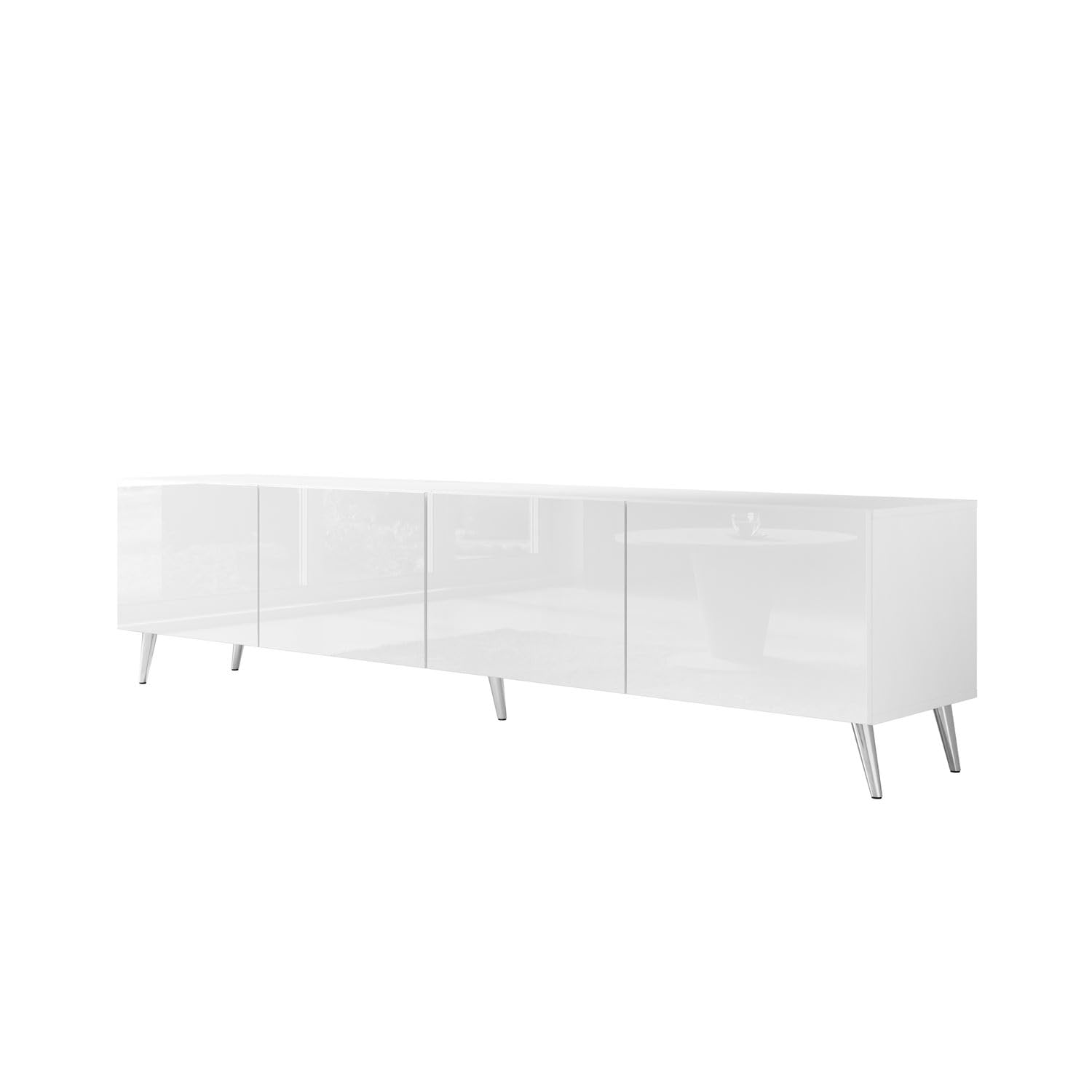 Lookway Moderner TV-Schrank in Weiß Hochglanz, optional mit LED-Beleuchtung auf schrägen Onyx-Beinen – COLGANTE 200 cm (Beine: Silber Chrom, ohne LED Beleuchtung)