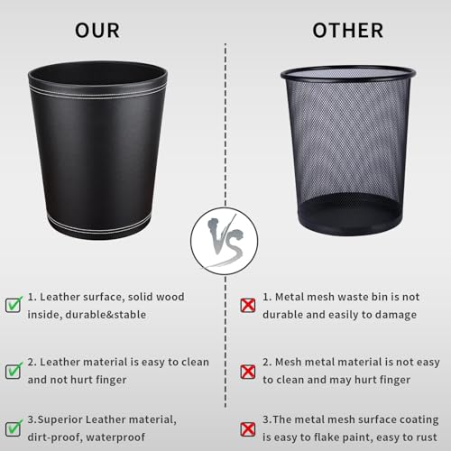Image of GORESE Pu Leather Trash Can, 2.6 Gallon Black Bathroom Trash Can, Small Office Garbage Can Wastebasket for Bedroom, Kitchen, Round Trash Bin Decorative Under-Sink /Desk /Home Easy to Clean
