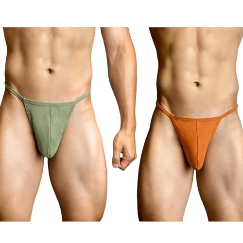2-Pack Jock Strap Men's Thong Underwear and G-String Cotton Breathable Underpants for Male Athletic Supporters Green Orange2