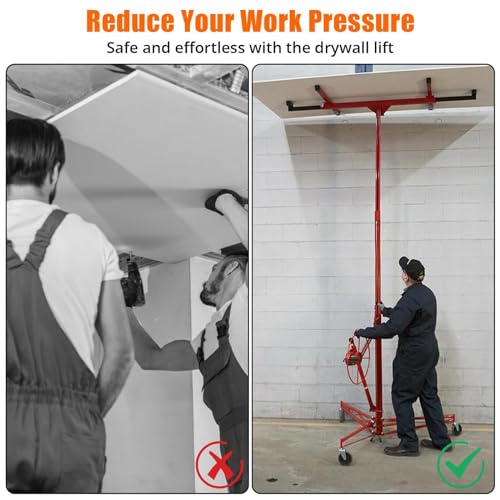 \"Adjustable 11FT Drywall Lift for Ceiling, Heavy Duty Panel Hoist with Lockable Wheels - Red\"
