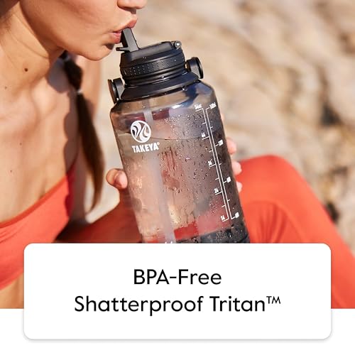 Image of Takeya Motivational Water Bottle with Straw Lid and Time Marker (64 oz, Cloud White) - Leakproof, BPA Free Water Bottle for Daily Intake Tracking