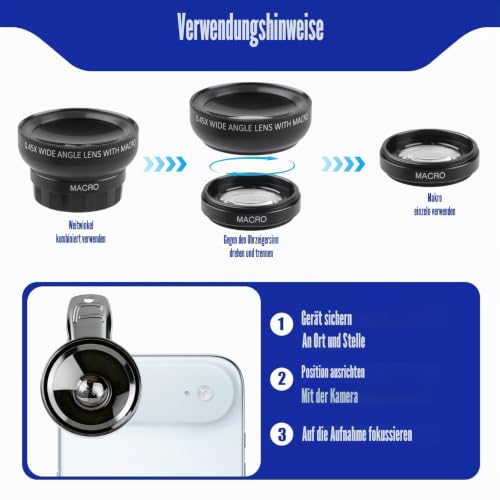 2-in-1 Universal Handy Kamera Objektiv mit 0.45X 140° Weitwinkelobjektiv, 12.5X Makroobjektiv und Universalclip, Handy Objektiv Set für Samsung, iPhone und Die Meisten Smartphones