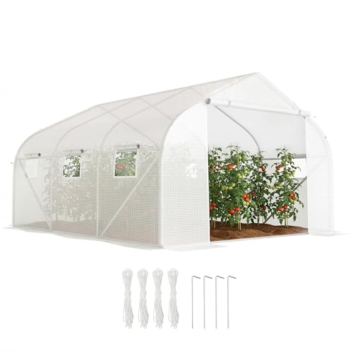 Outsunny Serre Tunnel de Jardin 13,35 m² dim. 4,5L x 3l x 2H m Porte + 6 fenêtres enroulables Acier galvanisé bâche PE Haute densité Blanc