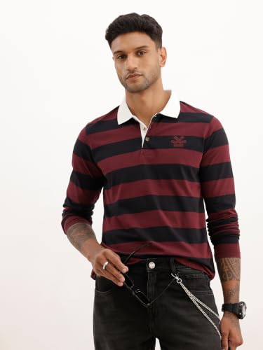 Image of WROGN Men's 100% Cotton Polo T-Shirt | Yarn Dyed Stripe Print | Slim Fit