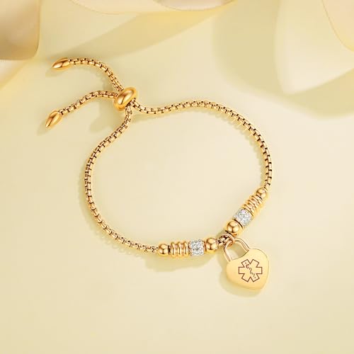 LinnaLove Medical Alert Bracelets for Women Adjustable Stainless Steel Medical id Bangle with Heart Charm Free Engraving4
