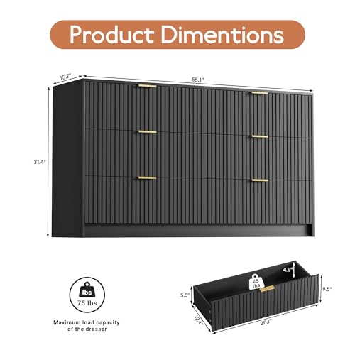 Image of Furniway 3 Piece Bedroom Set, 6 Drawer Dresser and Nightstand Set of 2 with Gold Handles, Modern Wood Chest of Drawers Storage Cabinet for Bedroom, Black