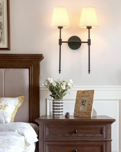 Image of PERMO Classic Rustic Double Sconce 2-Lights Wall Sconce Lighting Fixture with Flared White Textile Lamp Shade and and Black Finished Long Arm,Wall Sconce Light Fixture for Bathroom Bedroom Bedside
