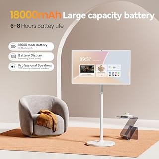 27-Inch Portable Smart TV on Wheels with Touch Screen Monitor | 8G RAM +128G Storage | 8-core CPU Qualcomm | Built-in 6-8H Battery | 8MP Webcam | Android 13 OS | Full Swivel Rotation | Remote Control