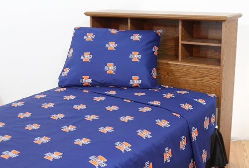College Covers Everything Comfy Illinois Fighting Illini Queen Sized 4 Piece Sheet Set, Team Color Background, 1 Flat Sheet, 1 Fitted Sheet, 2 Pillowcases