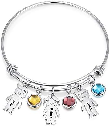 Personalized Bangle Bracelet with Charms Custom Names Mother Daughter Jewelry with Simulated Birthstone Family Presents (3 Pendants+ 3 Stones)