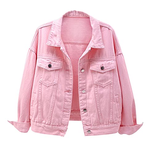 Jaqueta Jeans Feminina Boyfriend Manga Longa Solta Moda Casaco de Transição Primavera Outono com Botão Rosa GG