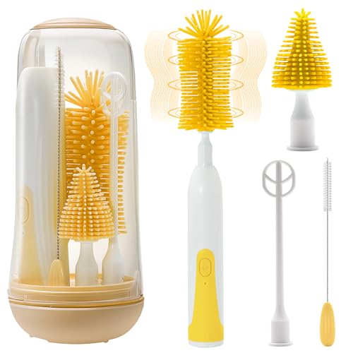 Image of Electric Bottle Brush Cleaner, Portable Electric Baby Bottle Brush for Travel, Waterproof Electric Bottle Cleaner Set with Nipple & Straw Brush, Baby Bottle Brush Electric with Drying Rack, Yellow