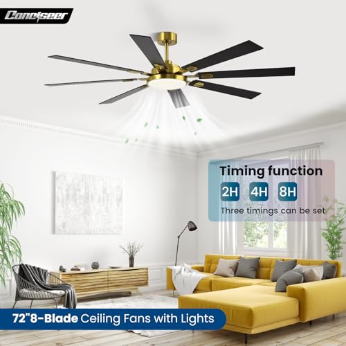 Image of 72 Inch Ceiling Fans with Lights and Remote, Dual Color 8 Blades, Bedroom Living Room Office Library Cafe Outdoor Industrial, 3CCT Dimmable, 6 Speed Reversible Quiet DC Motor, Gold /Wood Grain