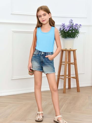Image of Haloumoning Girls Tank Tops Kids Summer Crewneck Sleeveless Shirts Dancewear 5-14 Years
