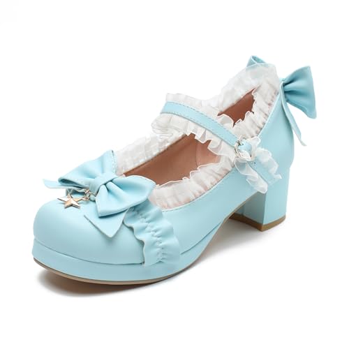 Rjclyh Women's Lolita & Kawaii Dress Shoes-Mary Jane Pumps with Bow-Platform Chunky Block Heels for Cosplay,School Dance, Prom Party Light Blue US 7