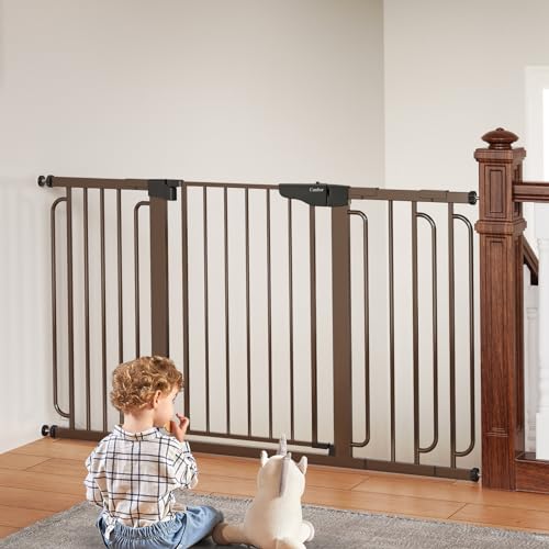 Image of Cumbor 29.7-57" Extra Wide Baby Gate for Stairs, Mom's Choice Awards Winner-Dog Gate for Doorways, Pressure Mounted Walk Through Safety Child Gate for Kids Toddler, Tall Pet Puppy Fence Gate, Brown