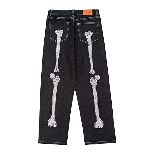 Men‘s Jeans Pocket Embroidered Jeans Street Hip Hop Style Loose Straight Streetwear Skateboard Denim Cargo Baggy Pants,Black 7,M #TOP1