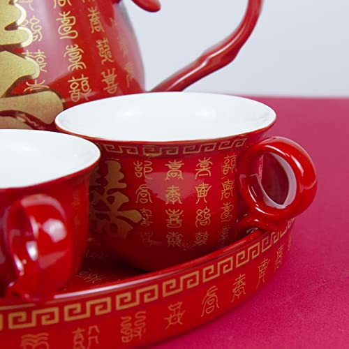 Kcgani Double Happiness Porcelain Red Wedding Tea Set Teapot, Chinese Traditional Wedding Decoration Supplies, Creative Ceramics Tea Service Set For Adults Ceremony Wedding Birthday Party Decor Gift #TOP3