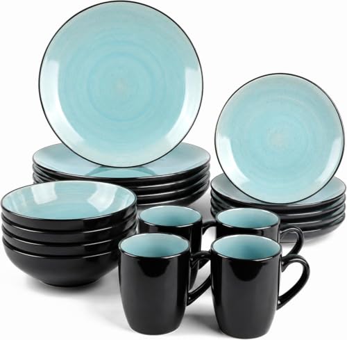 Image of PRADICHI 16 Piece Dinnerware Set for 4 – Round Kitchen Dinner Set with Dinner Plates, Dessert Plates, Cereal Bowls & Mugs – Teal Blue & White Tableware Combination Set (Light Blue)