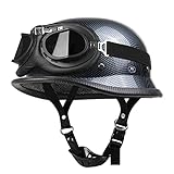 Demi casque de moto à visage ouvert approuvé par le DOT/ECE Casquette de demi casque de moto vintage de style allemand avec lunettes de pilote Casques de cyclomoteur pour scooter Crash Carbon,L