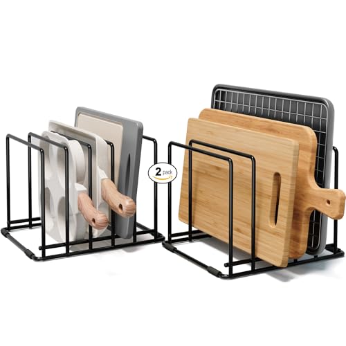 2-Pack Baking Sheet Organizer Rack – 5-Slot Bakeware & Cookie Tray Holder for Kitchen Cabinet or Countertop, Compact Stainless Steel Cutting Board Rack with Rust-Resistant Frame & Anti-Slip Feet