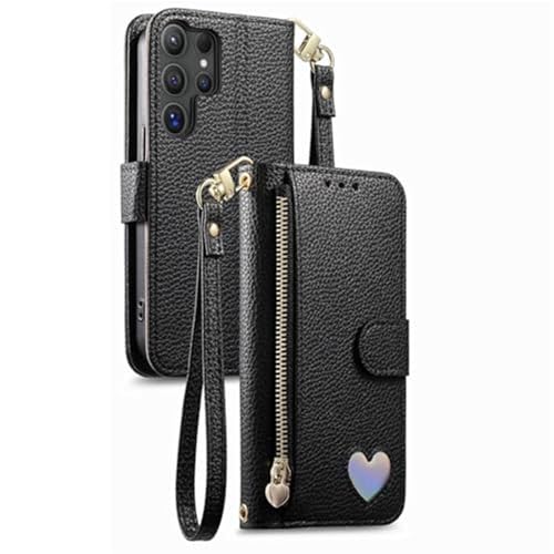 Coque Samsung Galaxy S26 Ultra en cuir noir avec portefeuille zippé et dragonne amovible