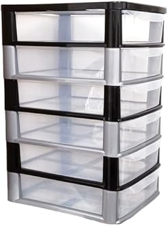 SIDSONS A4 Drawers Storage Unit, Plastic Storage Drawers, Desktop Table top Storage Tower Unit Home, School, Office, Bedroom & Living Room Cosmetic Stationery Organizer (A4 6 Drawers Black/Silver)