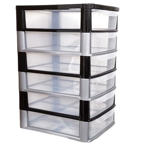 SIDSONS A4 Drawers Storage Unit, Plastic Storage Drawers, Desktop Table top Storage Tower Unit Home, School, Office, Bedroom & Living Room Cosmetic Stationery Organizer (A4 6 Drawers Black/Silver)