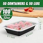 50 Pack (100-Piece) 32 oz Meal Prep Containers Reusable with Easy Open Lids, Sturdy Leakproof Food Safe, Microwave Freezer Dishwasher Safe, To Go Take Out Plastic Food Storage Pans with Lids, Black - Image 2