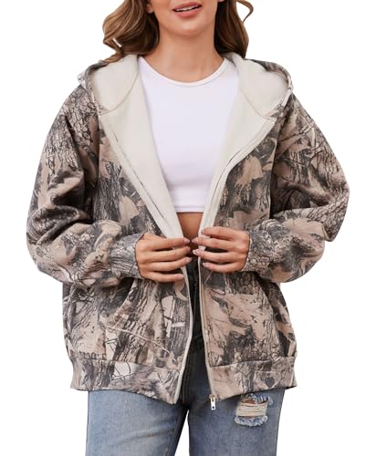 Eutten Womens Camo Zip Up Hoodie Long Sleeve Maple Leaf Print Oversized Hooded Jacket Fleece Full Zip Sweatshirt with Pockets
