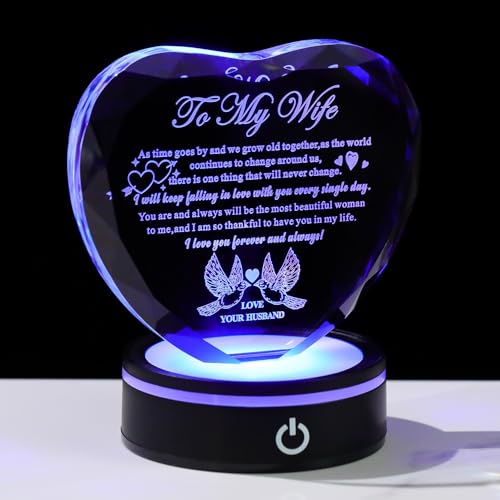 Bluebook Woman Gifts from Husband, Heart-Shaped Crystal Plaque with Multicolor LED Base for Wedding Anniversary, Valentine's Day and Birthday Keepsake Gifts, Glass Laser Engraving Souvenirs Gifts
