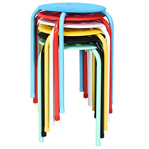GOPLUS Lot de 6 Tabourets Empilables, Tabourets Légers sans Dossier avec Cadre en Métal Et Siège en Plastique, Tabourets Ronds Polyvalents, Noir/Couleurs Assorties/Noir + Gris (Multicolore)