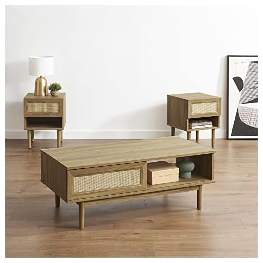 Mopio Haylee Modern Farmhouse Boho Coffee Table, with Rattan Cane Sliding Doors, Ample Storage Space for a clean and natural living room, Includes Leveler (Natural Oak Coffee Table + 2 Side Table Set)