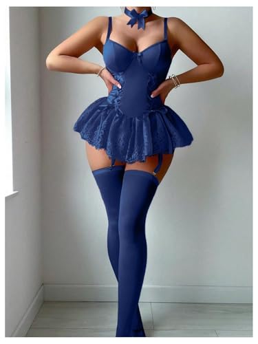 Image of SHENHE Women's Lace Babydoll Garter Lingerie Dress with Thong and Stockings Set